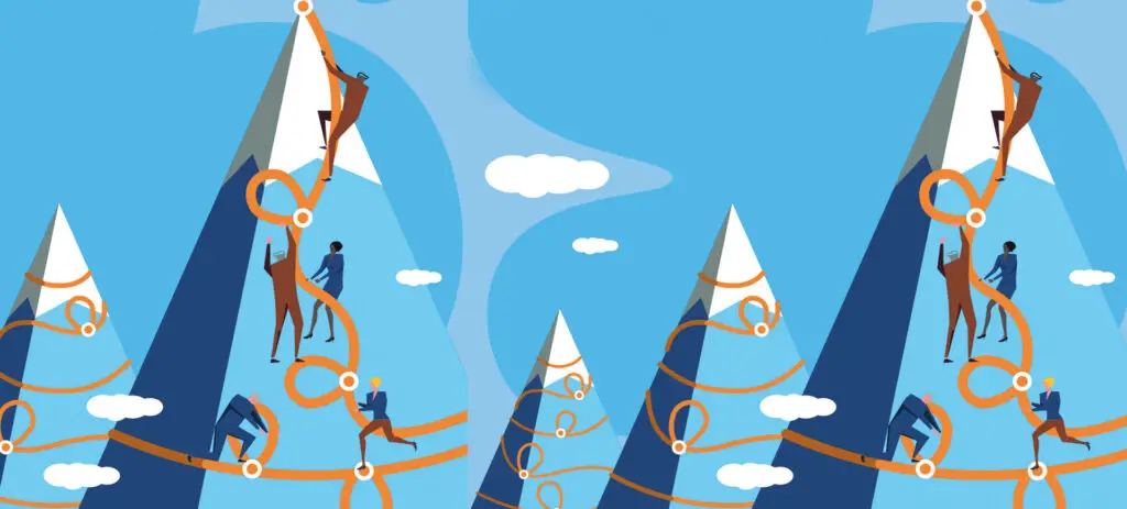 Panoramic illustration of people climbing peaks with an orange rope | Co-Impact.