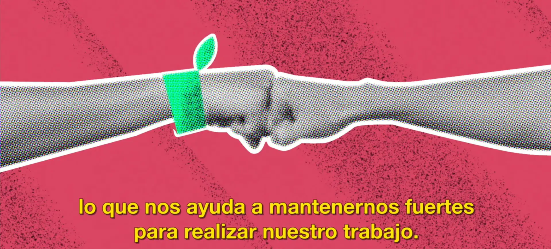 Two illustrated hands meet in a supportive fist bump gesture, connected by a green band with a small leaf, against a bold pink background with Spanish text below.