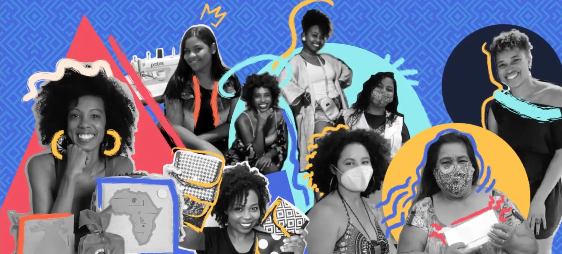 Creative collage of Black women entrepreneurs and creators showcasing their work and products, arranged with colorful geometric shapes on a blue patterned background, featuring various activities like sewing, crafting, and business ventures