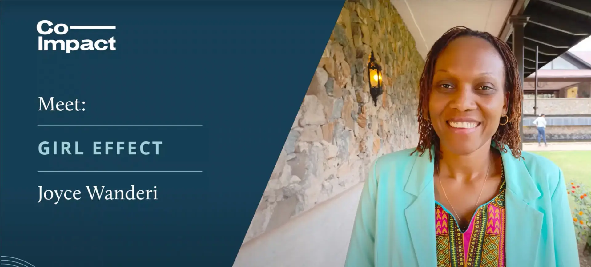 Professional portrait of Joyce Wanderi from Girl Effect organization, smiling in turquoise blazer
