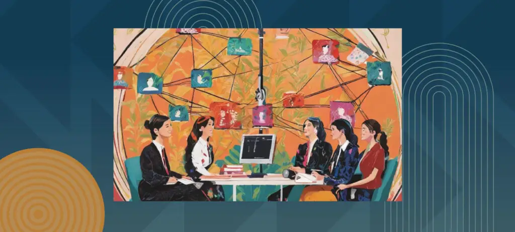 Colorful illustration of women in business meeting with network connections and digital profiles overhead