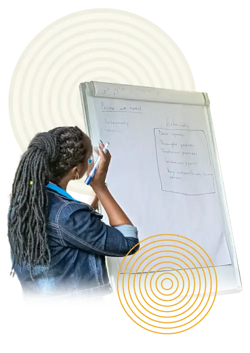 Una persona de espaldas escribiendo en un papelógrafo | Co-Impact.