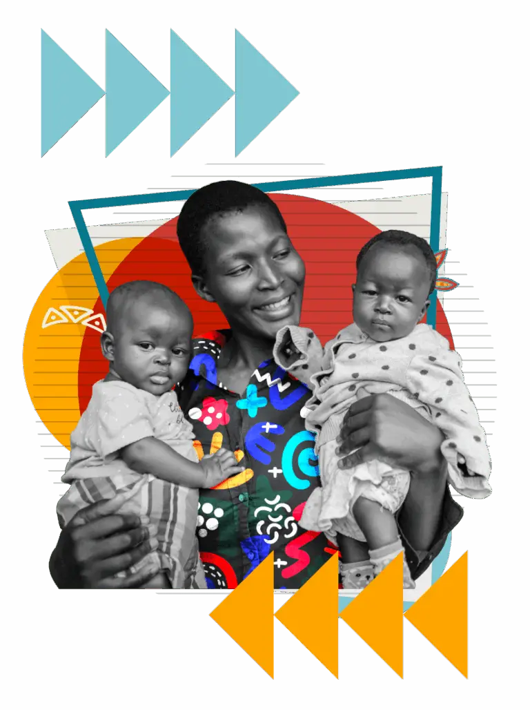 Graphic composition of a woman smiling while holding two babies | Co-Impact
