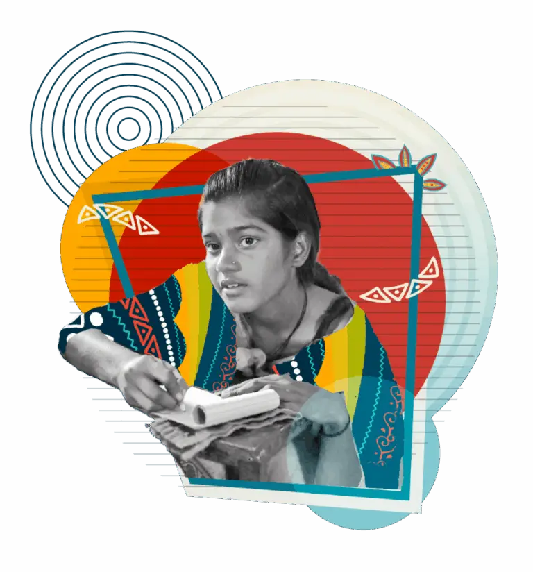 Graphic composition showing a girl writing or taking notes in a notebook | Co-Impact.